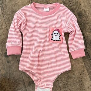 Pink Striped Kids One Piece with Penguin Patch